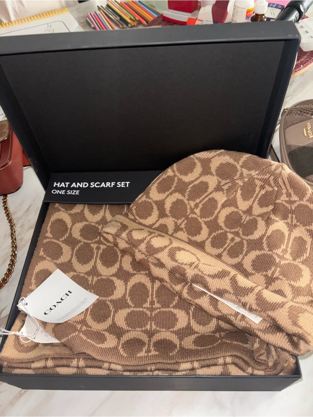 COACH Brown Signature Logo Hat & Scarf Set